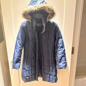 Eddie Bauer Navy Hooded ( Detachable)  Down Parka with Faux Fur